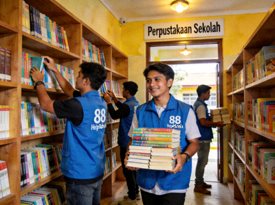 Renovasi perpustakaan sekolah oleh M88 Help Indonesia - Relawan sedang menata buku baru